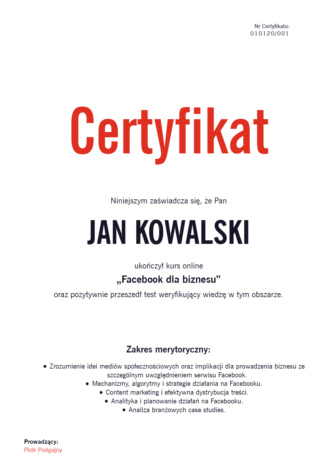Facebook marketing kurs online - certyfikat